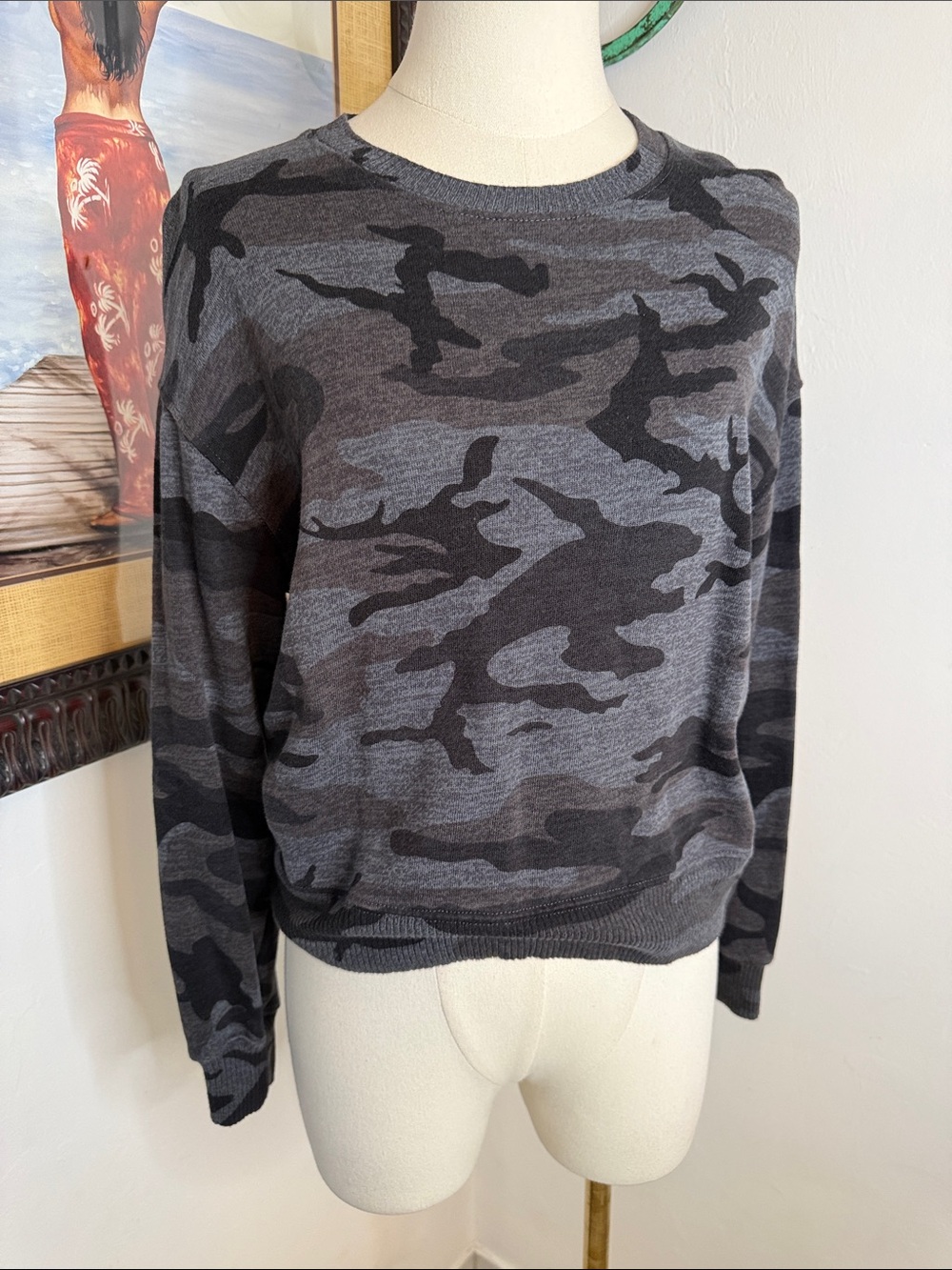 Rails Ramona Iron Camo Pullover Sweatshirt Gray Black Crewneck